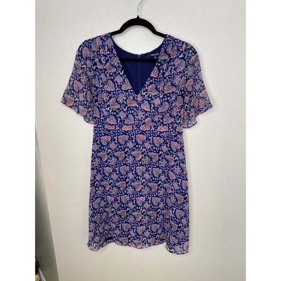 Madewell Womens Floral Print‎ V-Neck Short Sleeve Dress Size 6 Navy Polyester - Picture 1 of 8